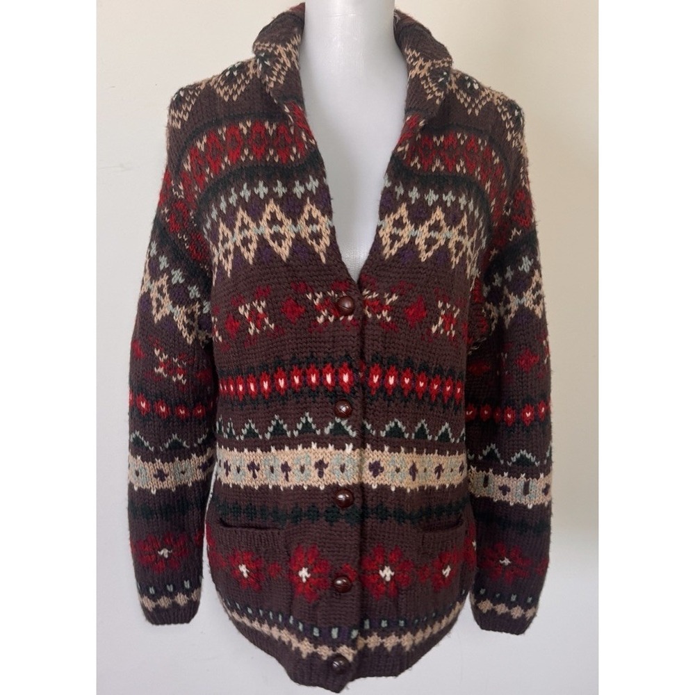 VTG Ralph Lauren Hand Knit Lambswool/Wool Aztec Cardigan Sweater Womens Small - Picture 10 of 11